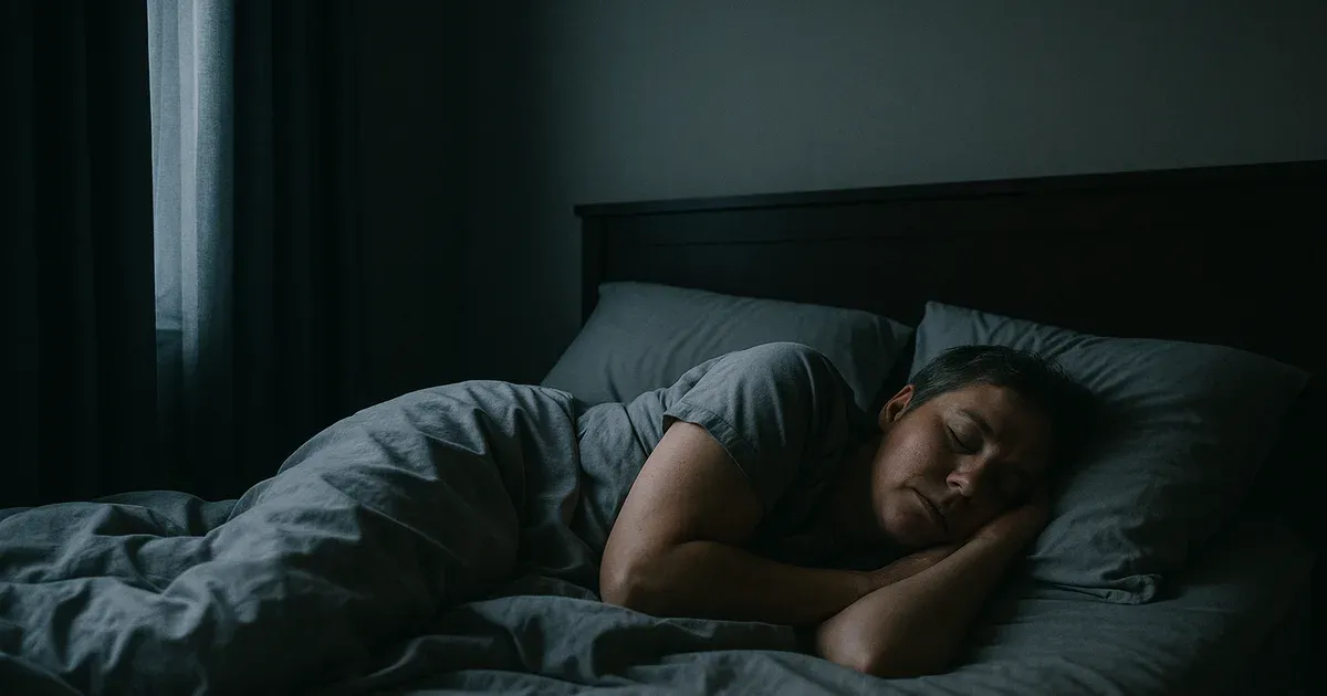Person sleeping soundly in a dark bedroom to support metabolism and weight management through quality rest