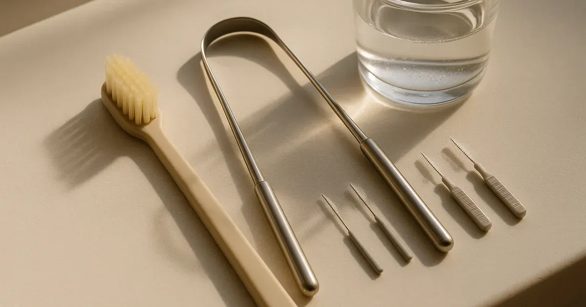 Oral hygiene tools including tongue scraper and interdental brushes supporting oral microbiome balance