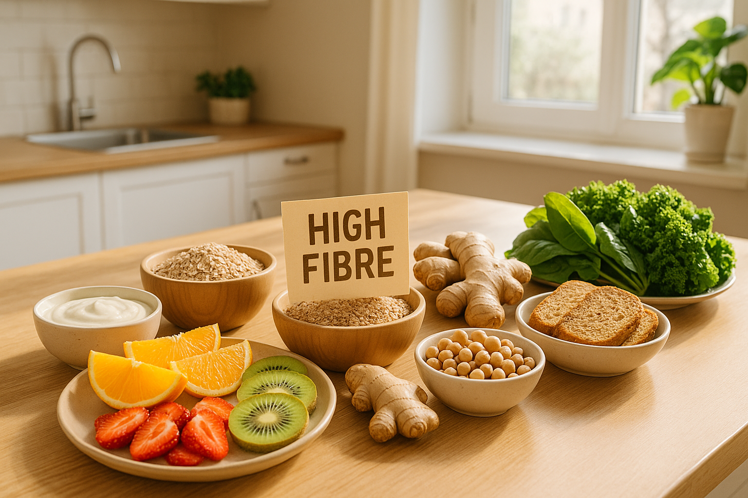 Colourful spread of fibre-rich foods to speed up digestion after eating including fruits, grains and ginger