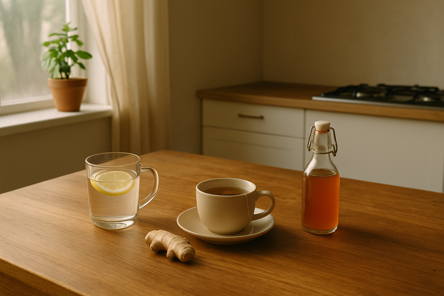 Warm water, ginger tea, and kombucha on a wooden table — drinks that help improve digestion naturally