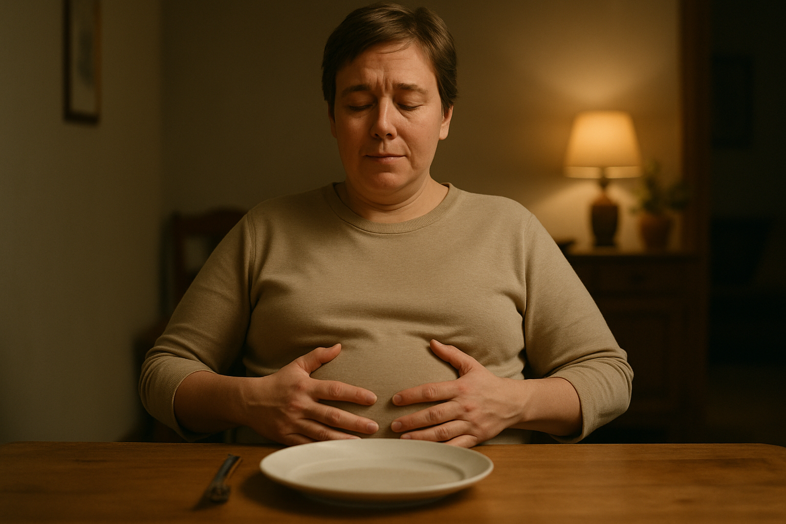 Person sitting upright at table after overeating, learning how to digest food faster after overeating