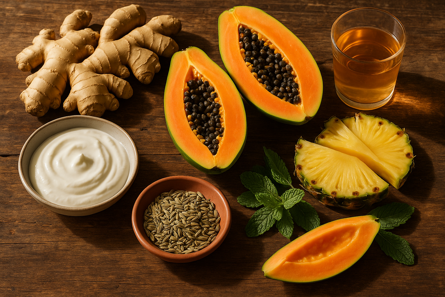 Flat lay of foods that help digestion after meals including ginger, pineapple, papaya, yogurt, and fennel seeds
