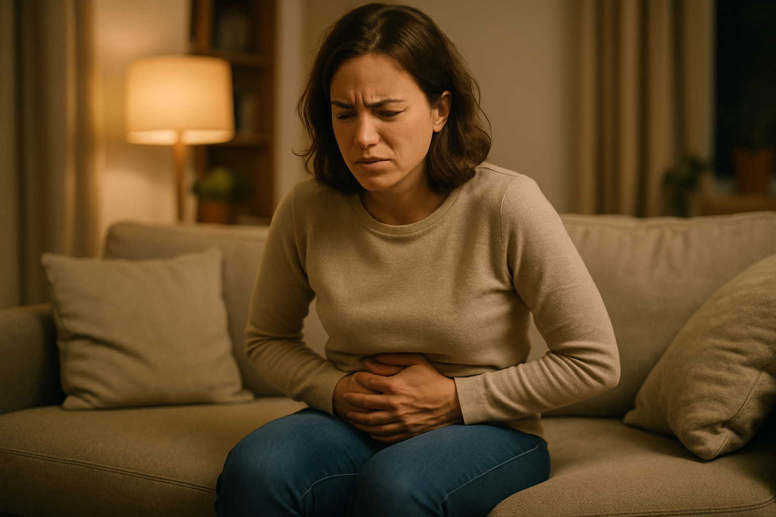 Person holding stomach after overeating, illustrating how to digest food faster after overeating