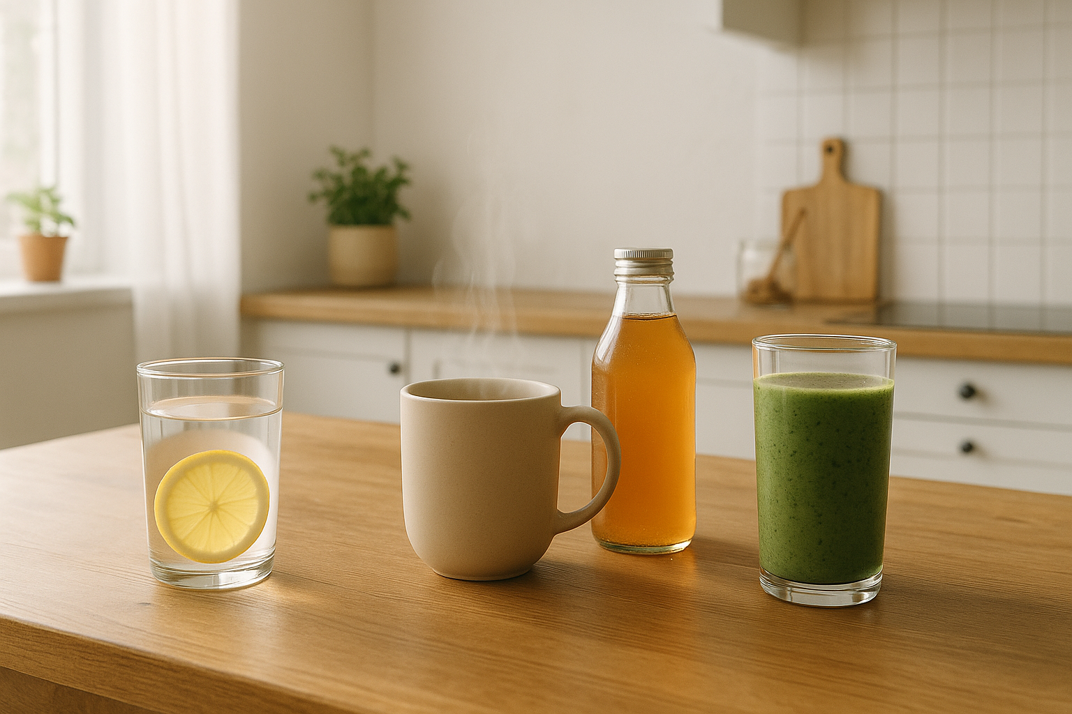 Selection of the best drinks for digestion including herbal tea, kombucha, green smoothie, and warm water