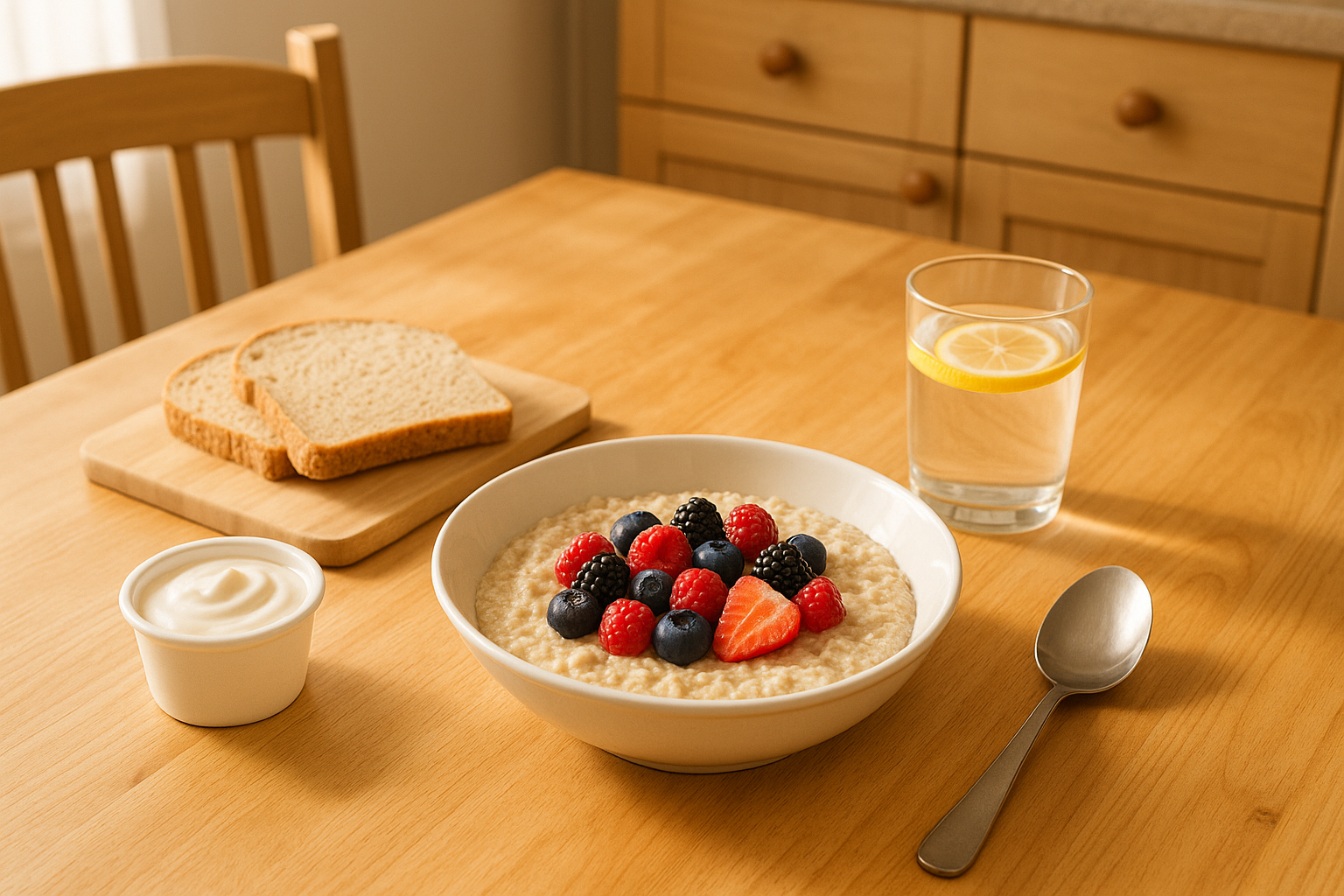 A tummy-friendly diet spread on a wooden table including oat porridge, live yoghurt, wholemeal bread and water