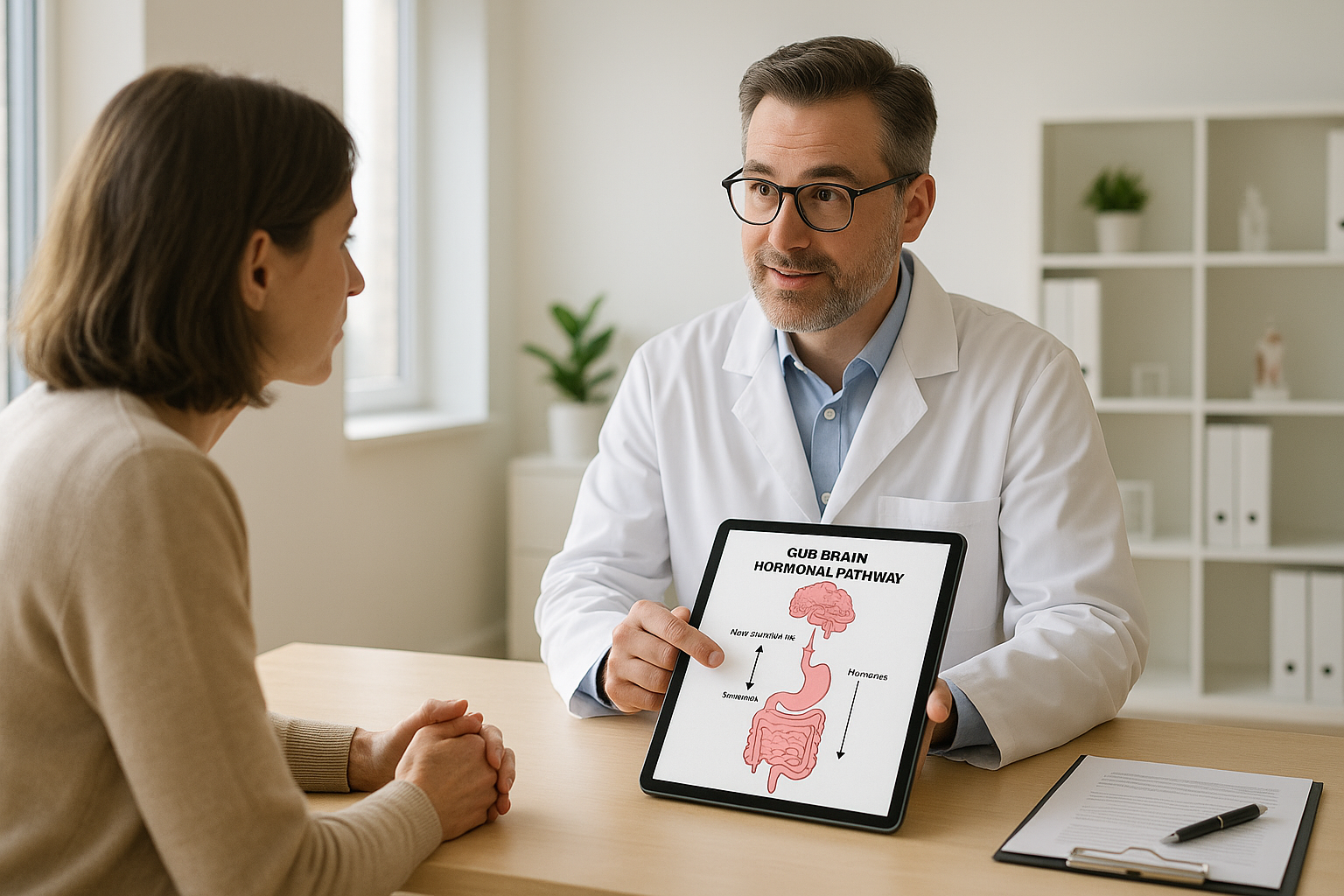 Doctor explaining GLP-1 weight loss gut-brain hormone pathway to a patient on a tablet
