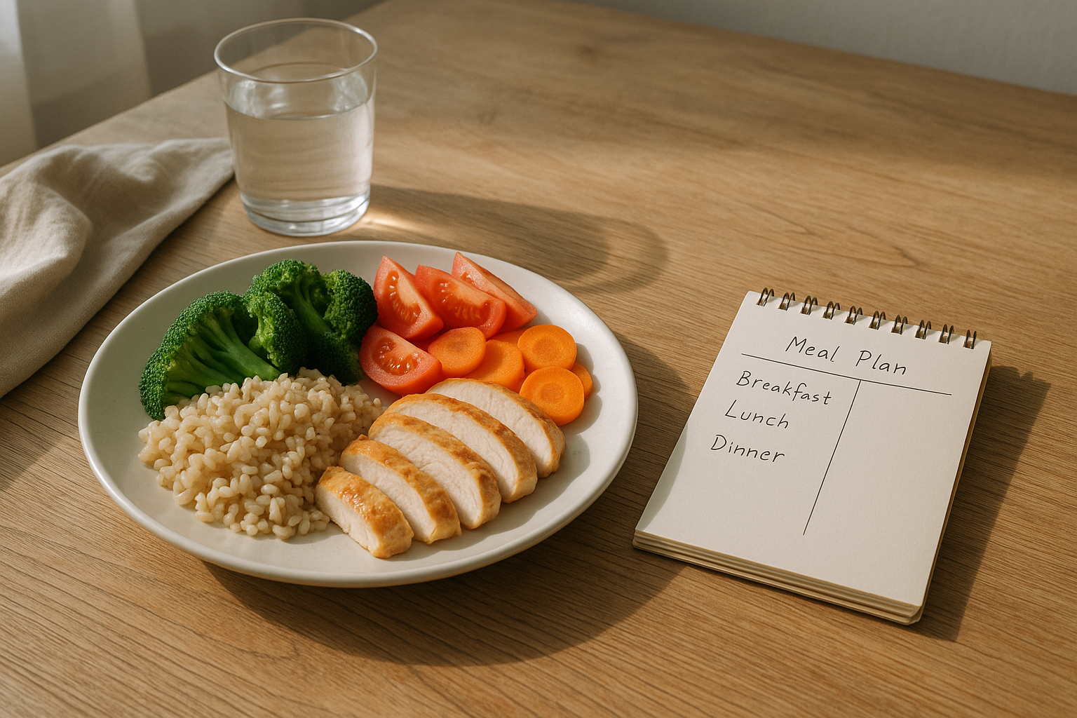 Balanced meal on a wooden table representing evidence-based weight loss diets and meal planning