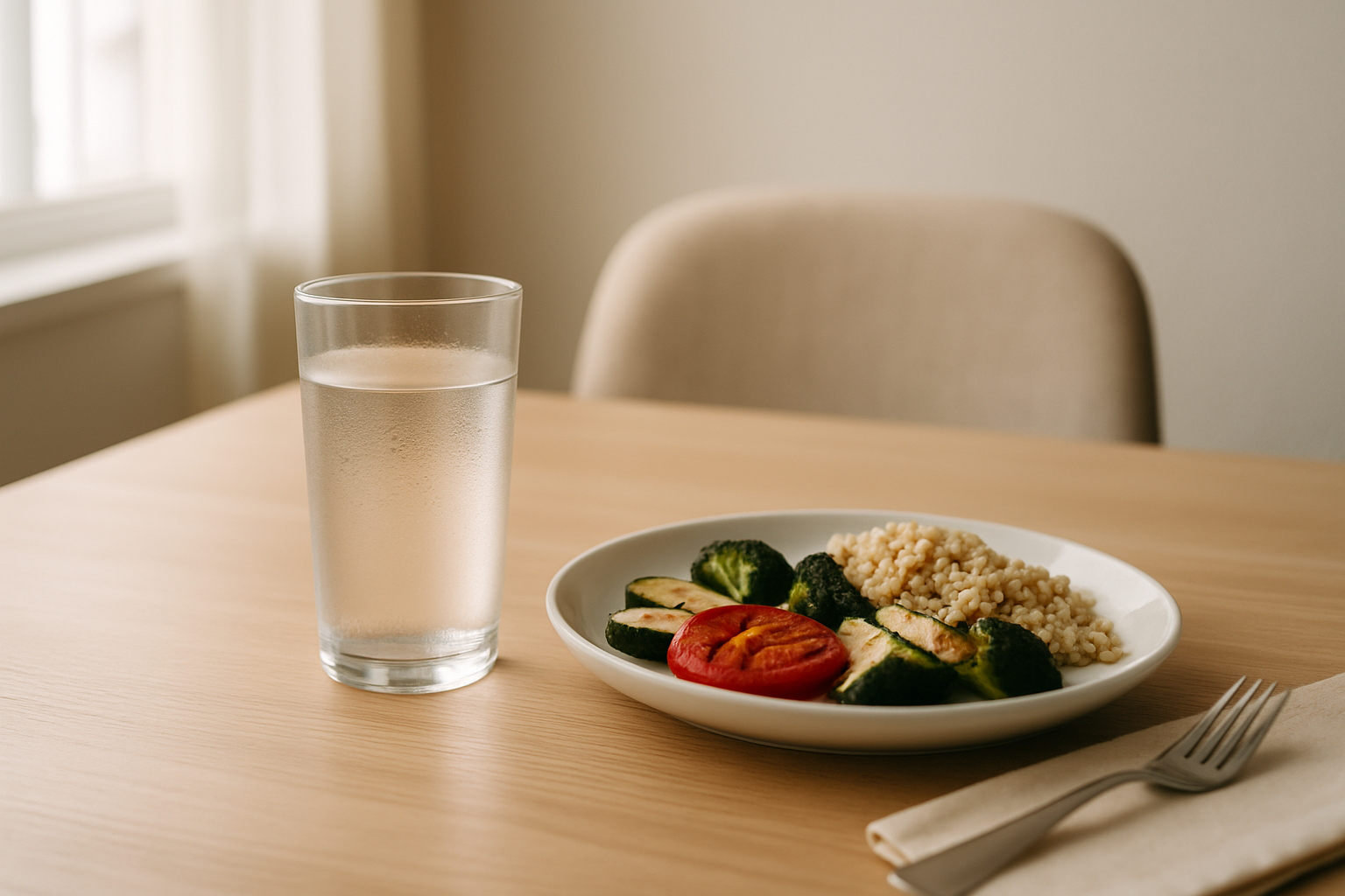 Glass of water beside a healthy meal on a dining table, illustrating water and digestion at mealtimes