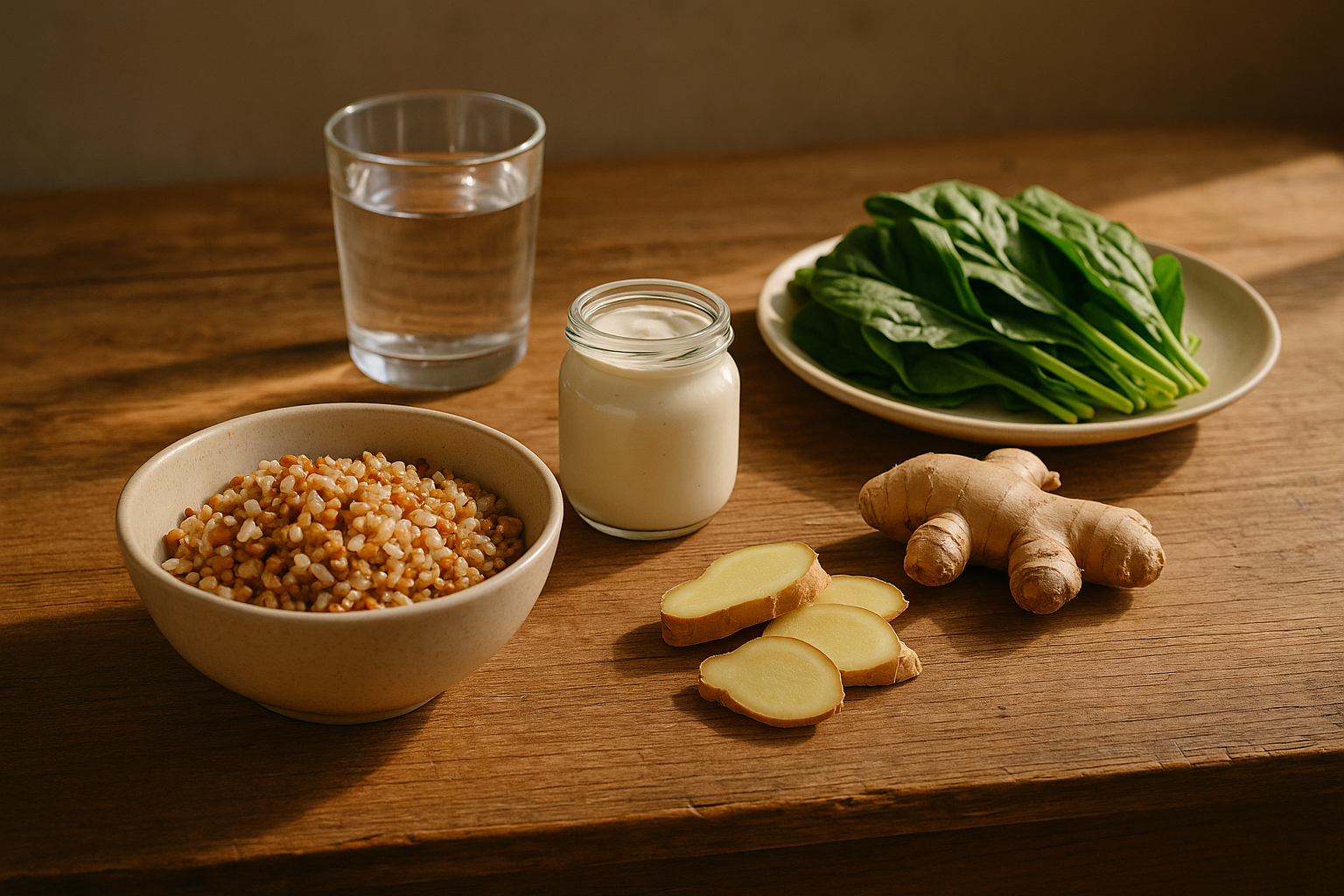 Foods that help speed up digestion after eating including yogurt, whole grains, ginger and leafy greens on a table