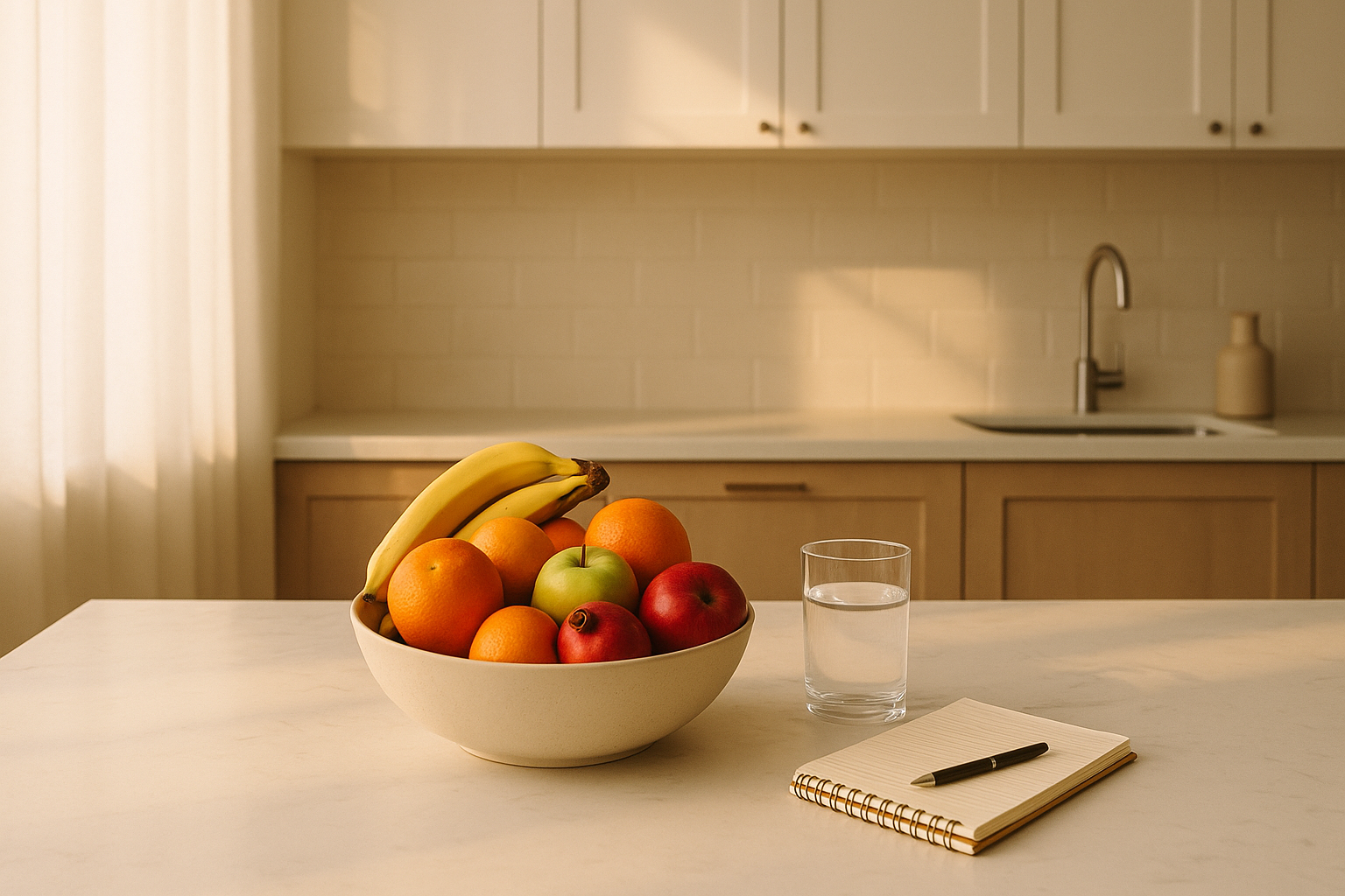 Fresh fruit bowl on a kitchen counter representing practical weight loss tips for healthy eating habits