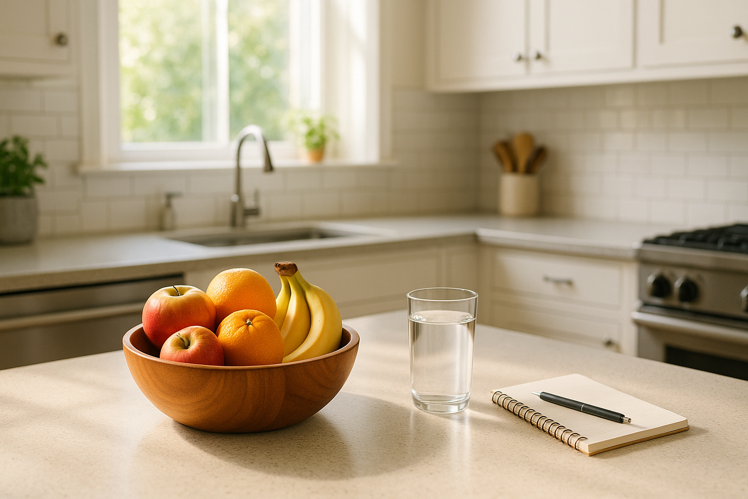 Bright kitchen counter with a bowl of fresh fruit representing practical weight loss tips for healthy eating
