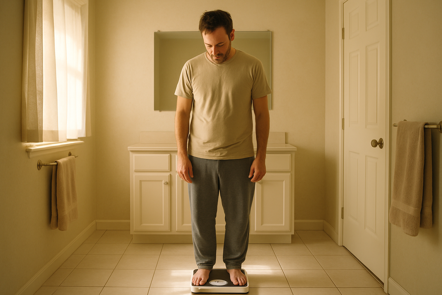 Person standing on a bathroom scale during a weight loss journey in a softly lit bathroom