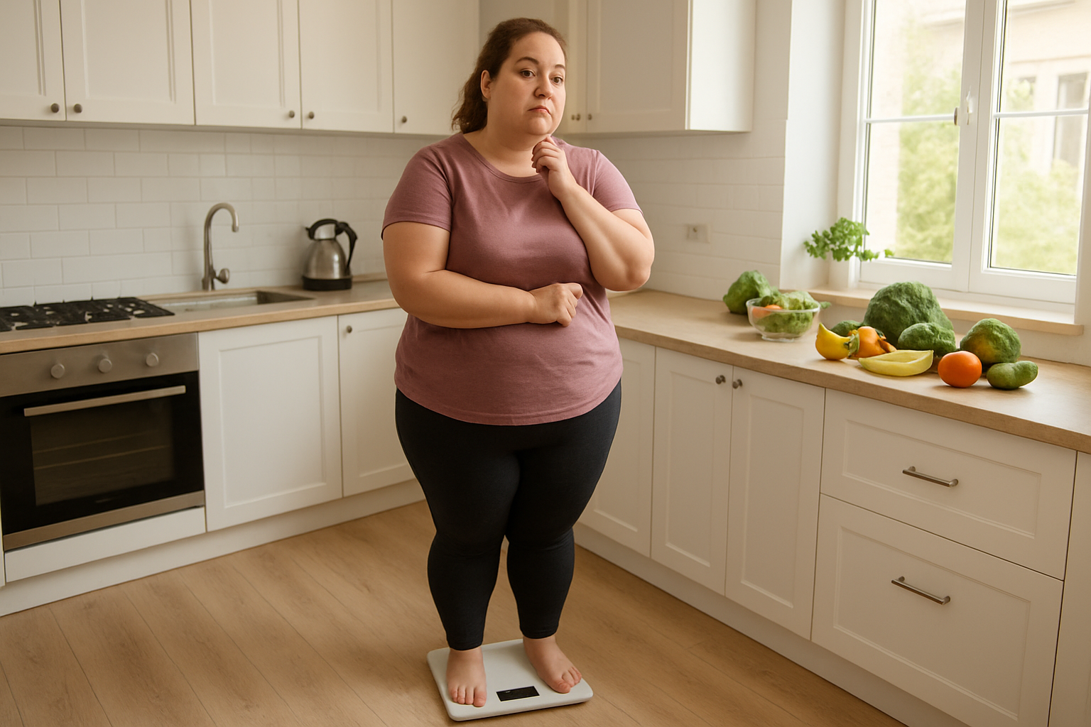 Person evaluating weight management strategies at home scale with healthy food nearby