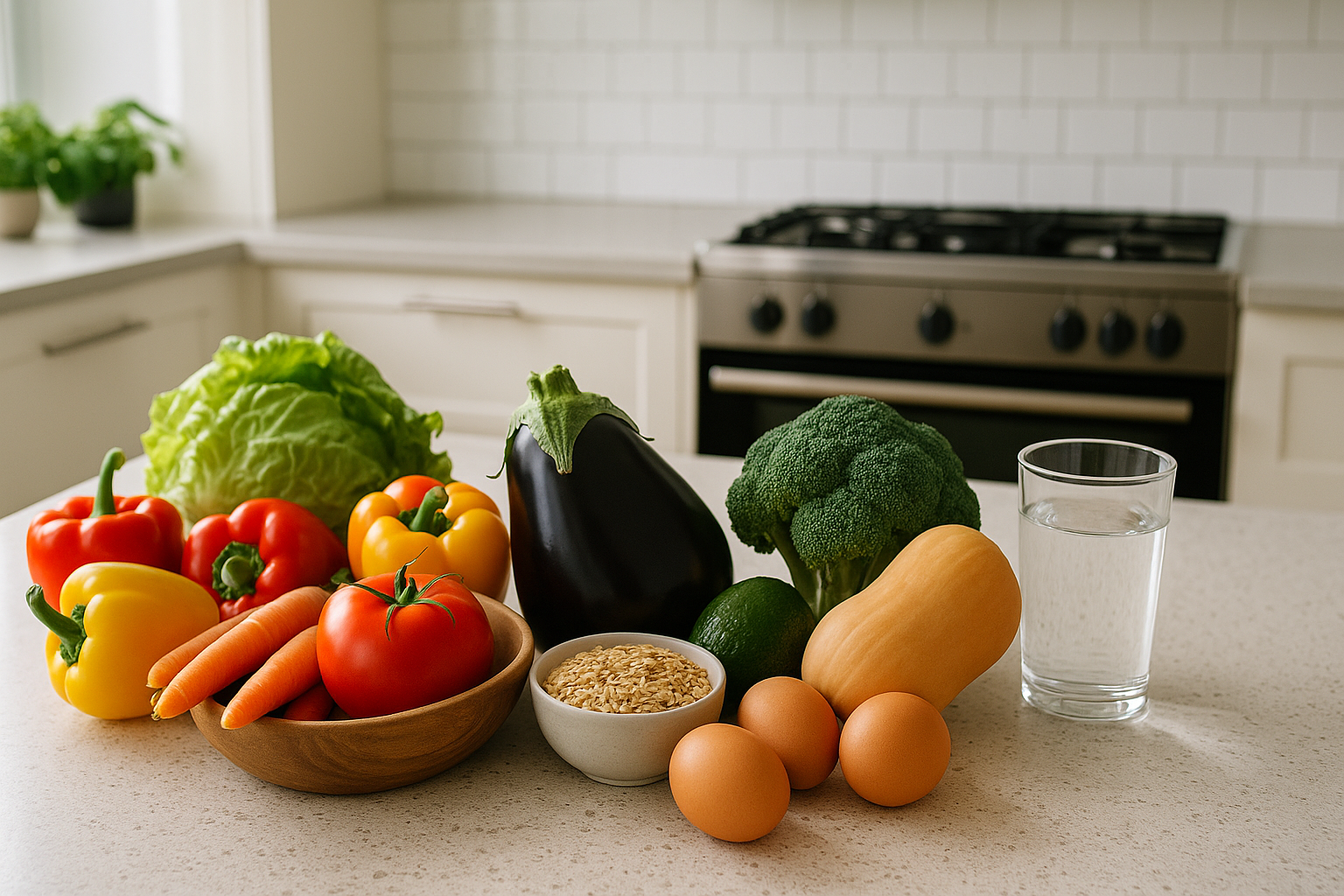 Whole foods laid out on a kitchen counter representing science-backed weight loss tips including protein and fresh produce
