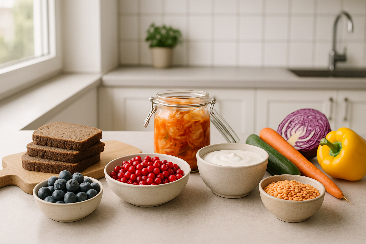 Selection of gut health foods including rye bread, berries, kimchi and legumes on a Scandinavian kitchen counter