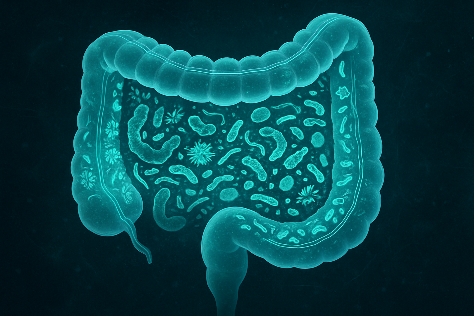 Bioluminescent illustration of gut microbiota lining the human intestinal wall showing microbial diversity