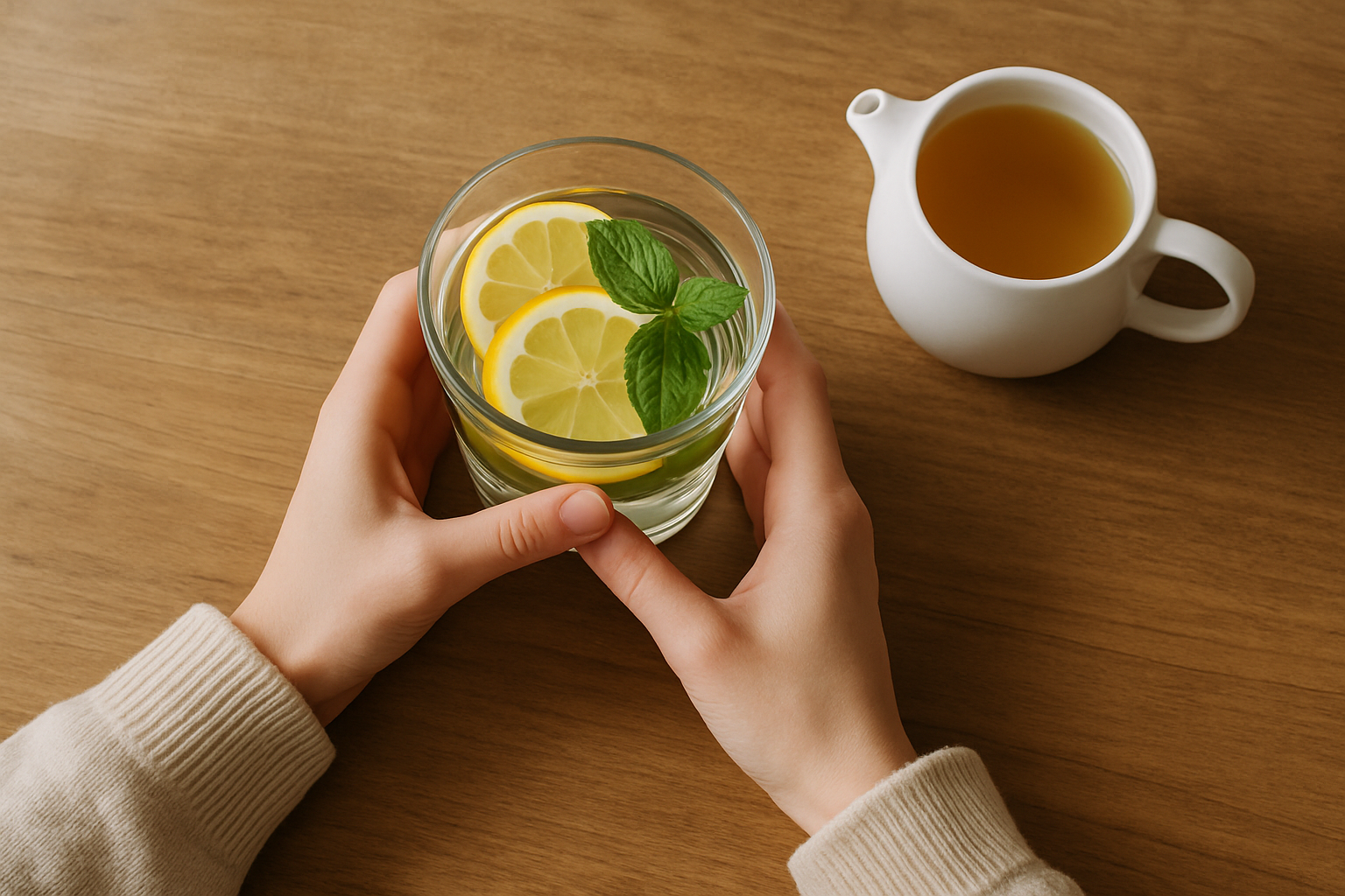 Glass of lemon water and ginger tea on a wooden table — hydration strategies to speed up digestion after eating