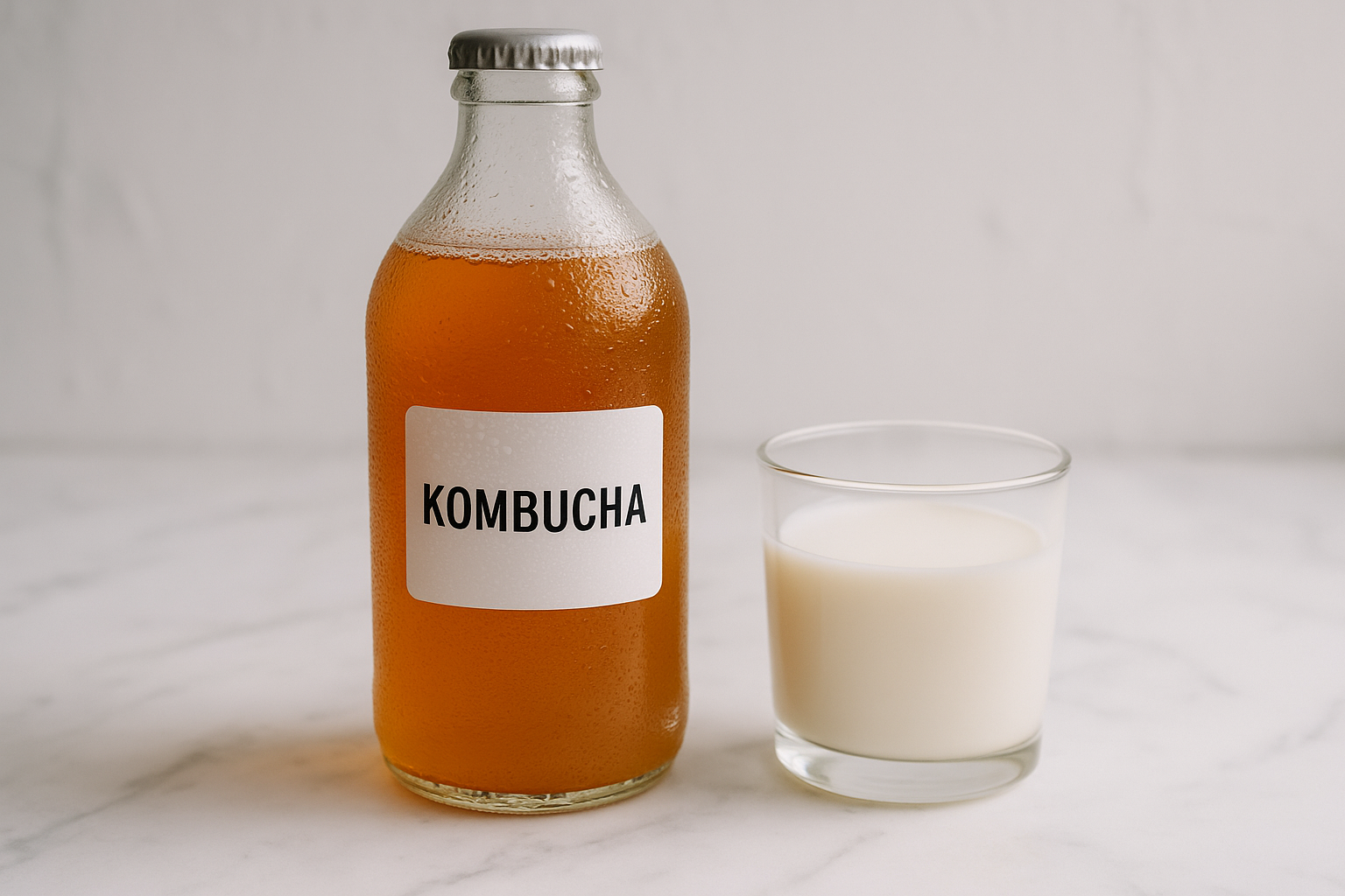 Kombucha and kefir side by side — two probiotic drinks that support gut health and improve digestion