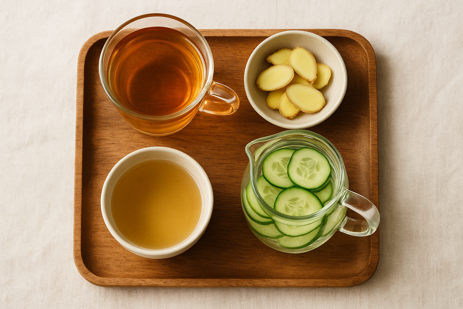 Herbal tea, broth and infused water on a wooden tray — gut-friendly fluids for smoother digestion