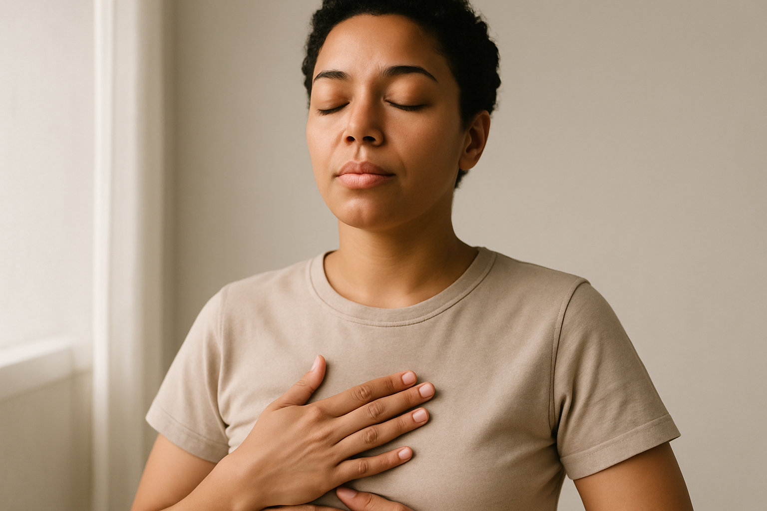 Person practising deep breathing to reduce stress and support digestion after overeating