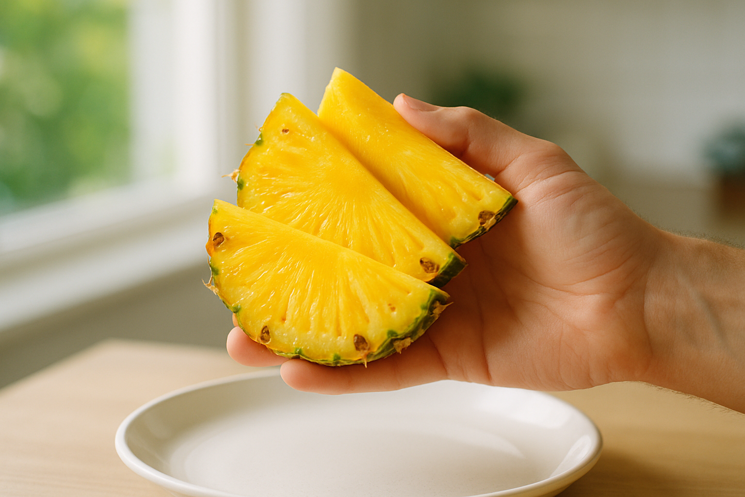 Fresh pineapple slices on a plate — bromelain enzyme helps digestion after meals