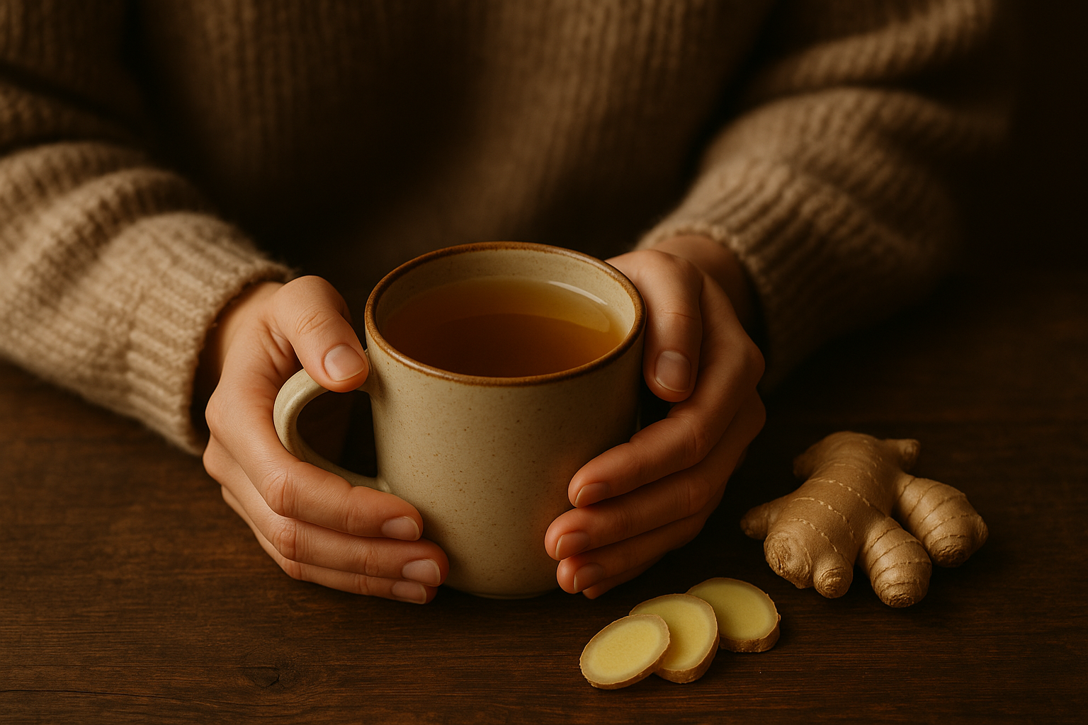 Warm mug of ginger tea with fresh ginger slices — a natural remedy among foods that aid digestion