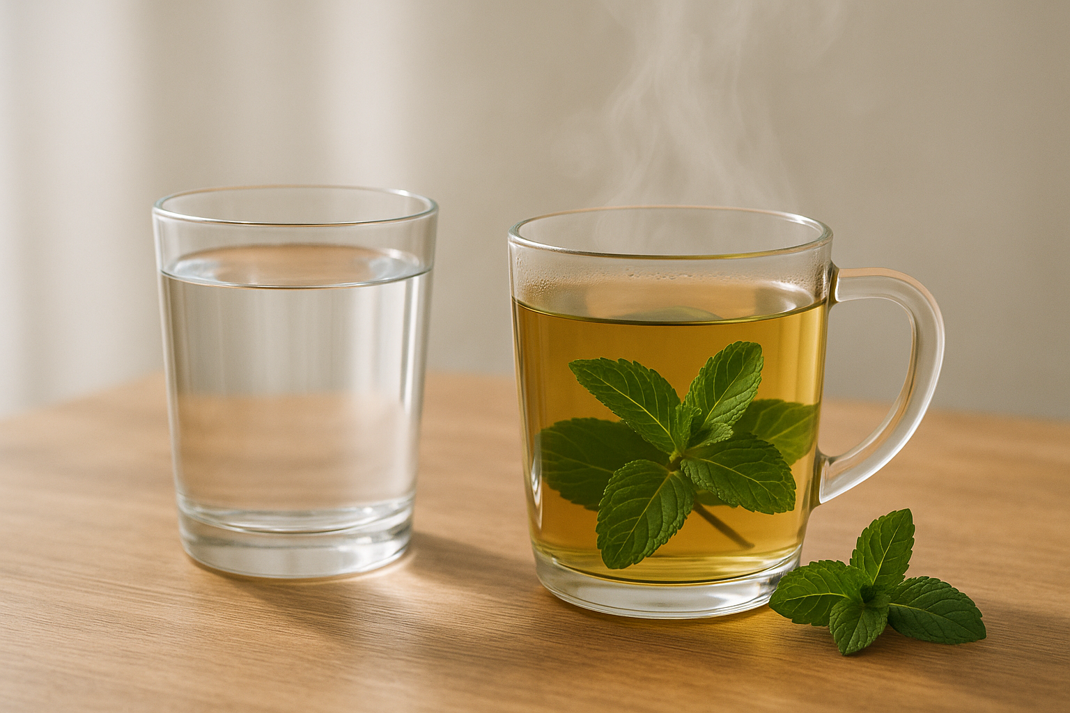 A glass of water and peppermint tea on a wooden table — hydration choices that support gut health and digestion.