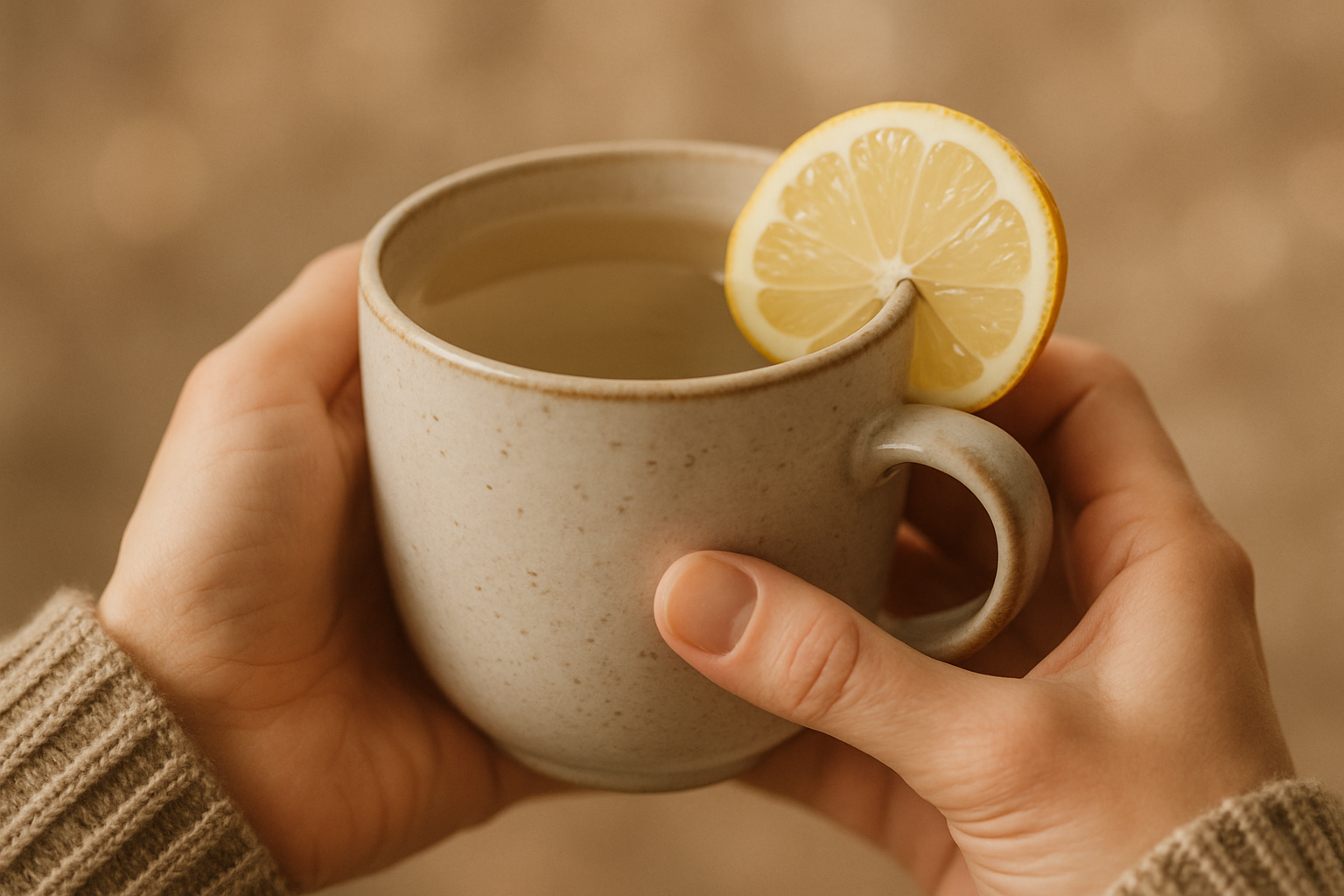 Person holding a mug of warm water with lemon, a simple drink that supports digestion