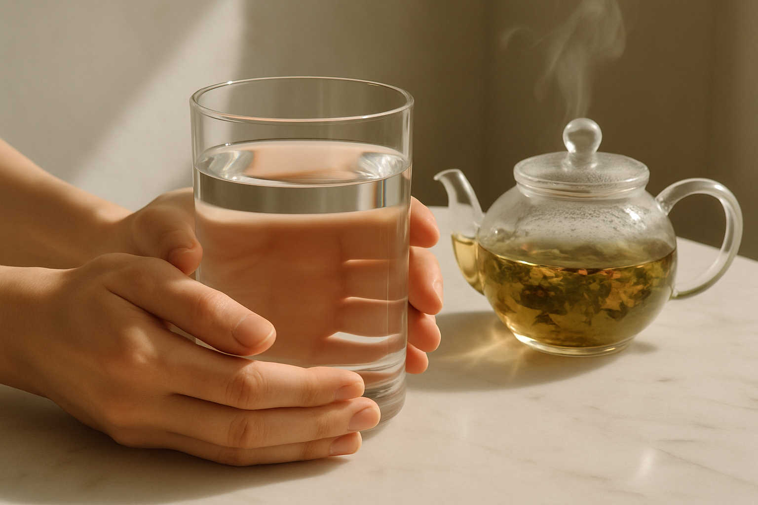 A glass of water and herbal tea on a marble surface representing gut-friendly drinks for digestion