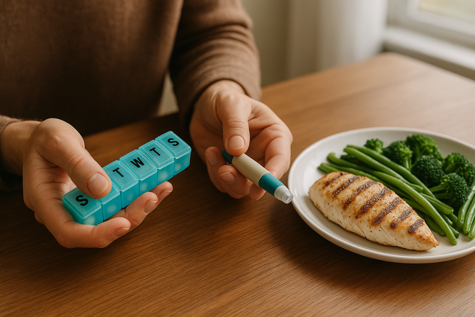 GLP-1 injection pen beside a high-protein meal, illustrating the importance of diet alongside GLP-1 weight loss medication