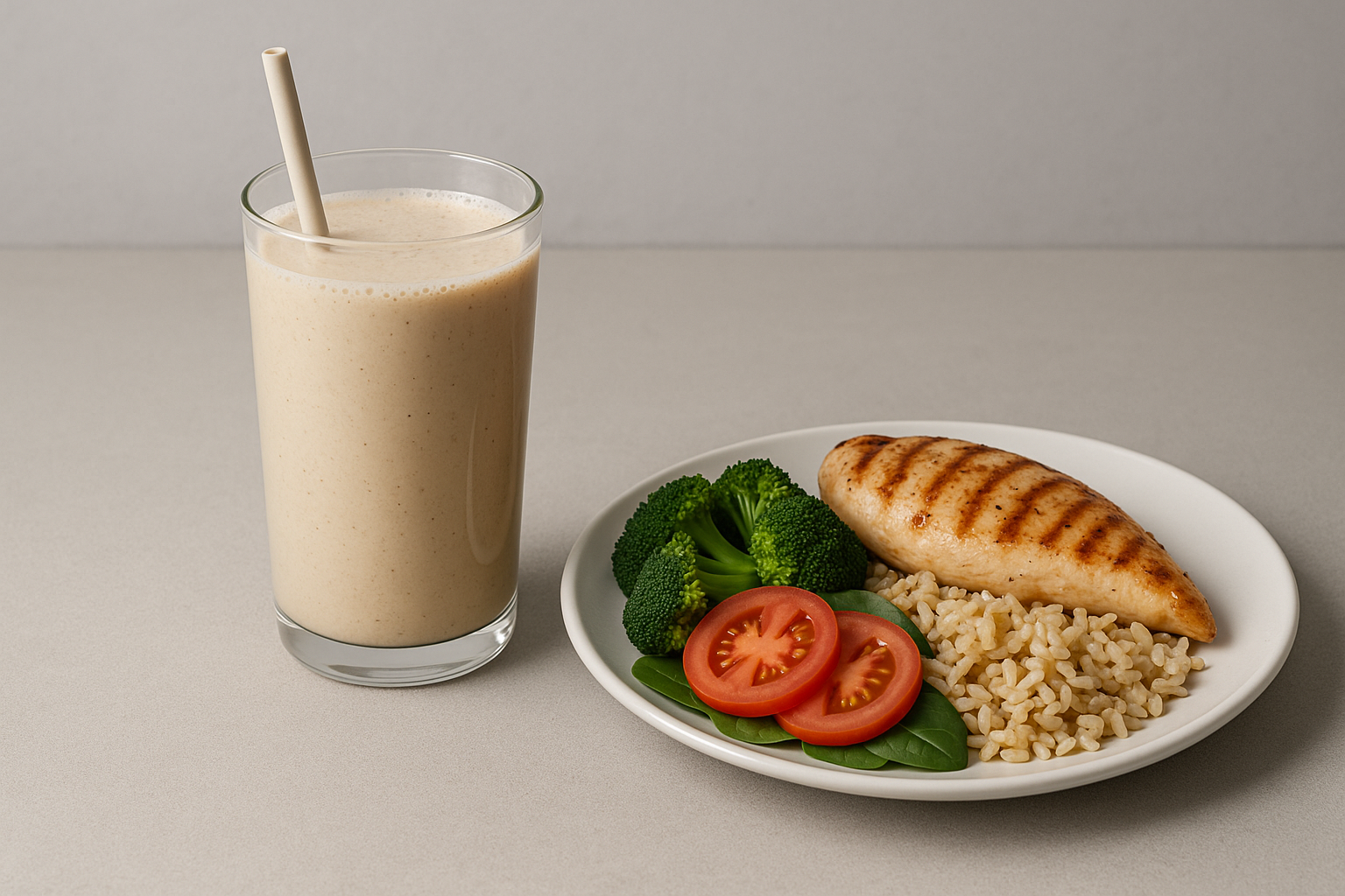 Meal replacement shake beside a whole-food meal illustrating low-calorie diet vs very-low-calorie diet options