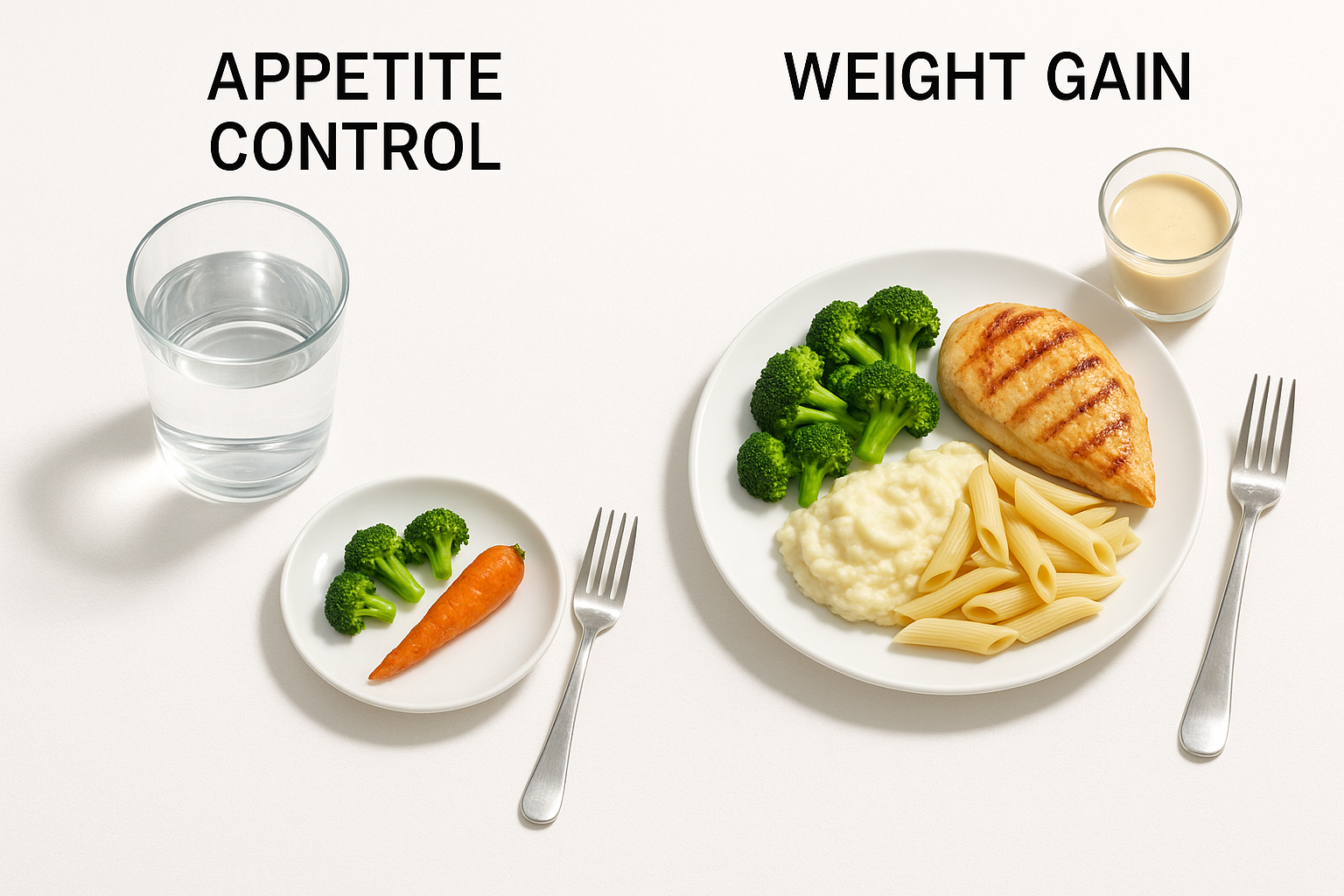Two meal setups showing different water intake strategies for weight loss versus weight gain and appetite management