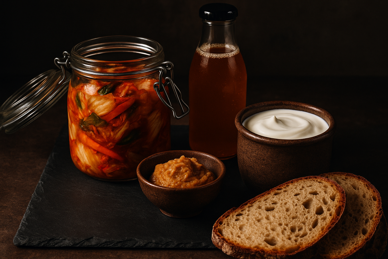 Fermented foods including kimchi, miso, kombucha and yogurt that support gut health and speed up digestion after eating
