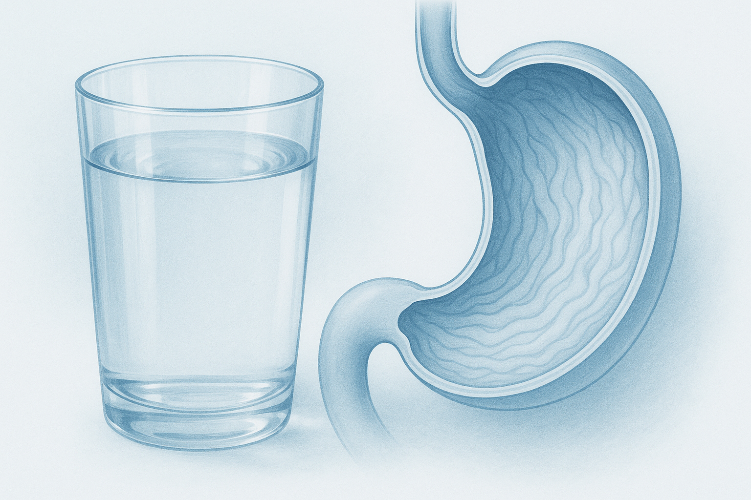 Glass of water beside a stomach diagram illustrating how water supports digestive juices