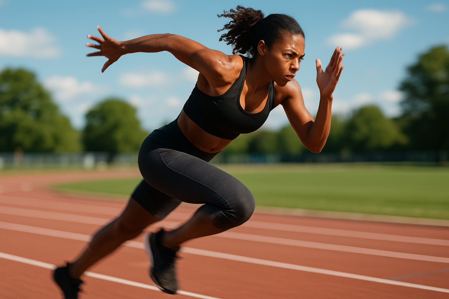 Woman sprinting on a track demonstrating HIIT as an effective weight loss tip for fat burning
