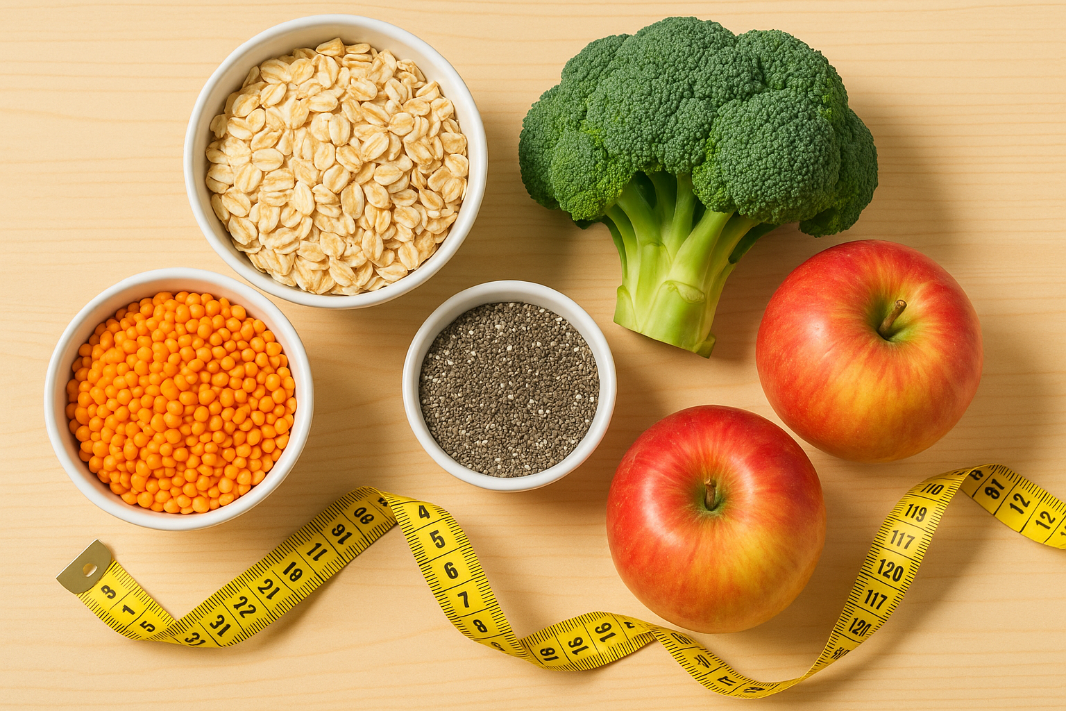 High-fiber foods including oats, lentils, broccoli and chia seeds for weight loss and gut health