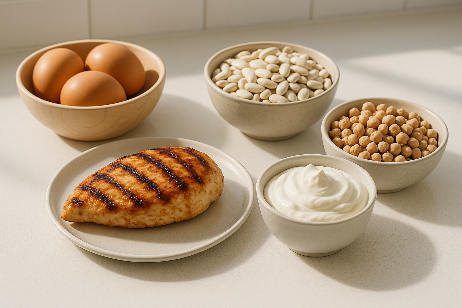 High-protein foods including chicken, eggs, and legumes that support weight loss and reduce cravings
