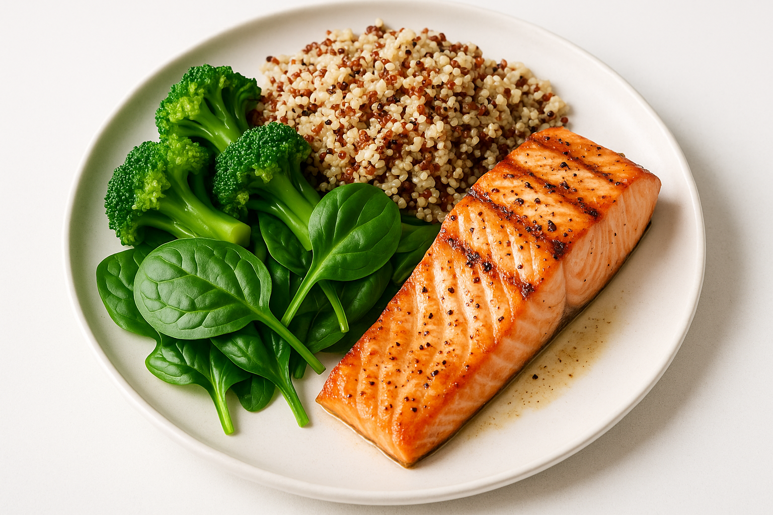 High-protein meal of grilled salmon, quinoa and greens on a white plate, illustrating science-backed weight loss tips