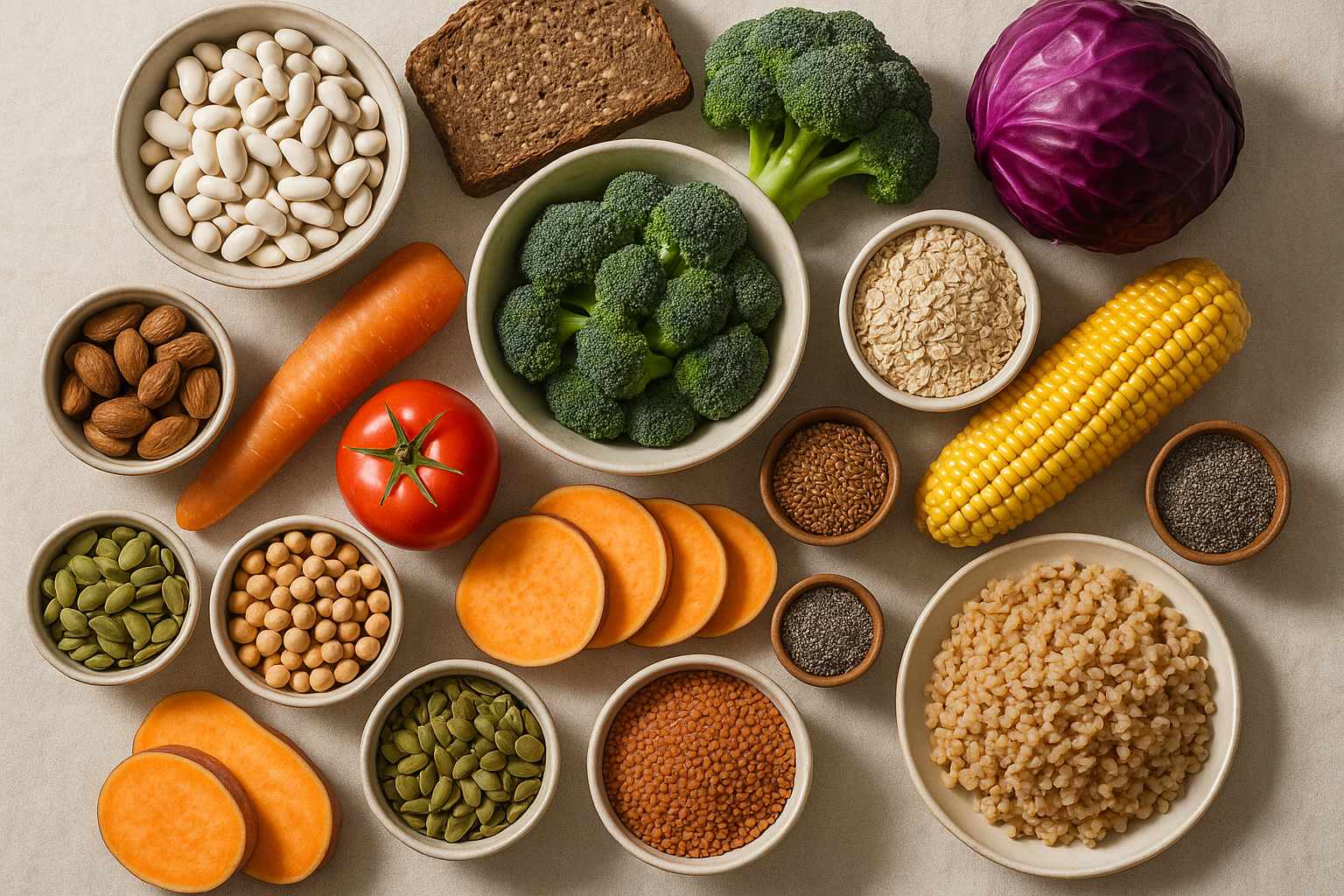 Overhead flat-lay of diverse whole foods supporting gut microbiota health including vegetables, legumes and grains