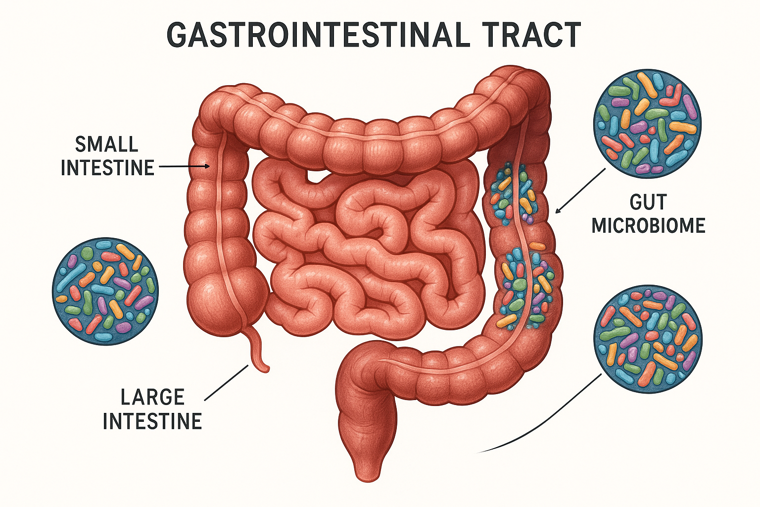 Medical illustration of the gastrointestinal tract showing gut microbiome and intestinal components relevant to gut health