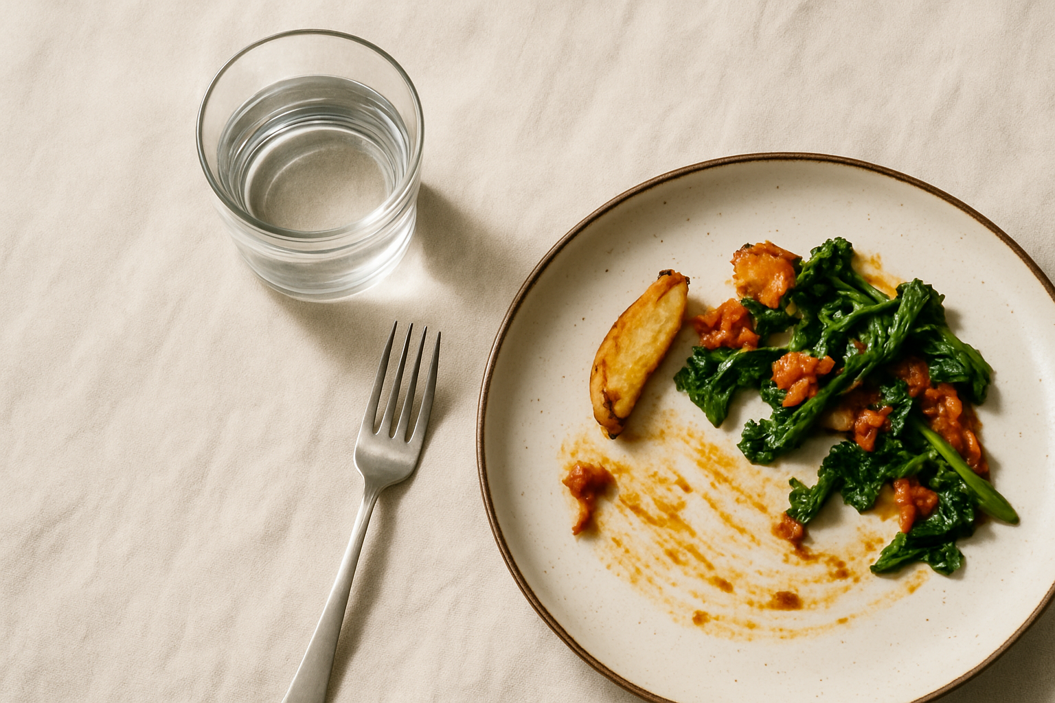 Water glass beside a plate of food mid-meal, illustrating sipping water between bites for better digestion