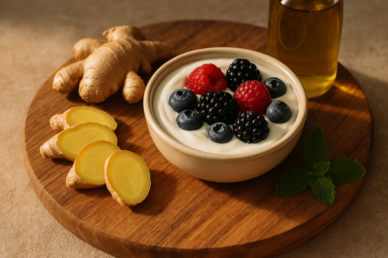Yogurt, ginger and olive oil on a wooden board — digestive-supporting foods to speed up digestion after eating