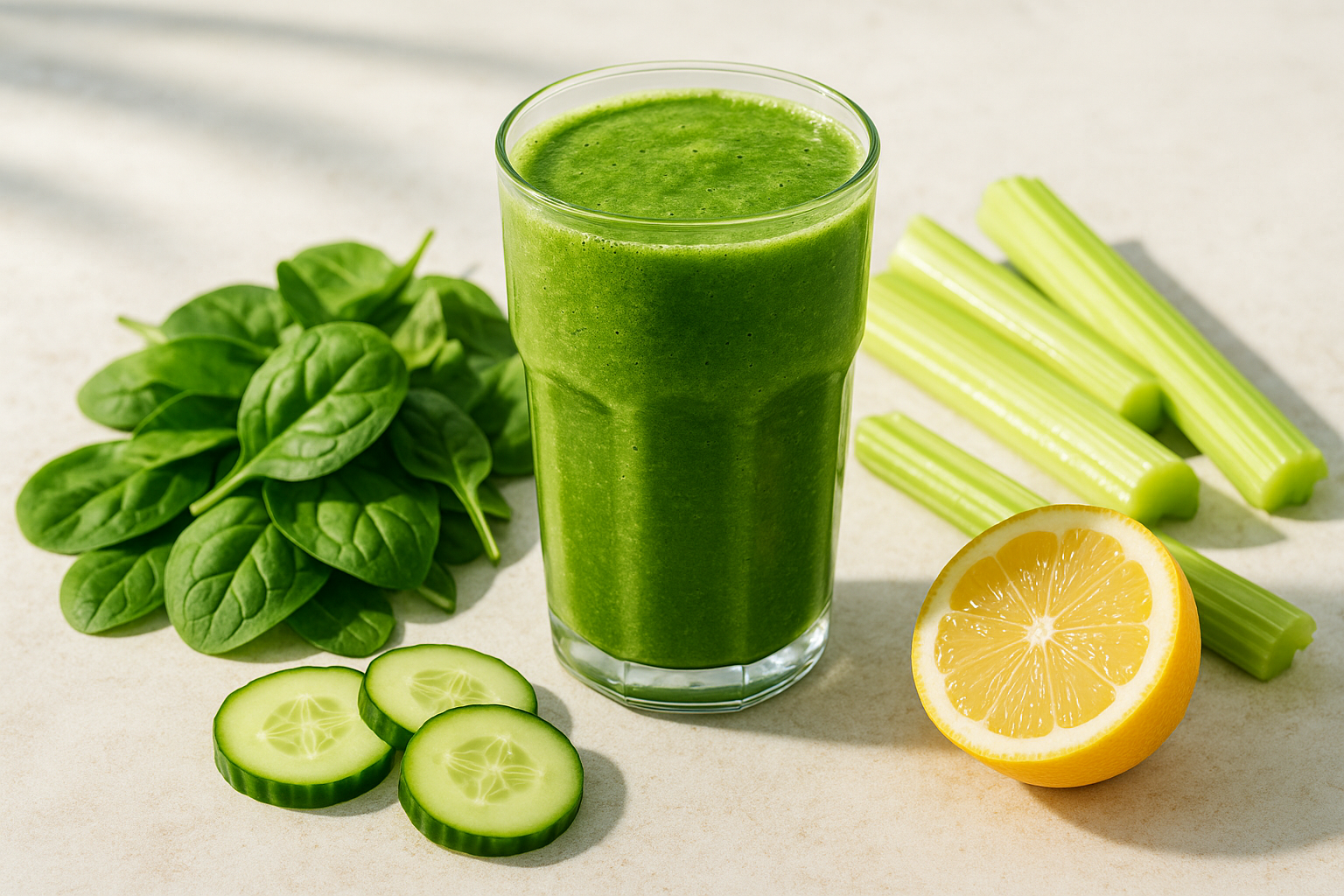 Green smoothie with spinach and cucumber — a fibre-rich drink to improve digestion and reduce bloating
