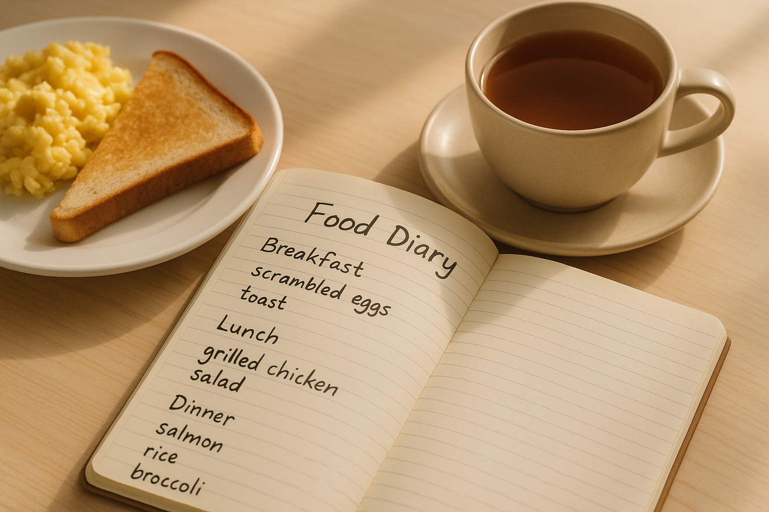 Open food diary notebook next to a breakfast plate — tracking trigger foods for smoother digestion