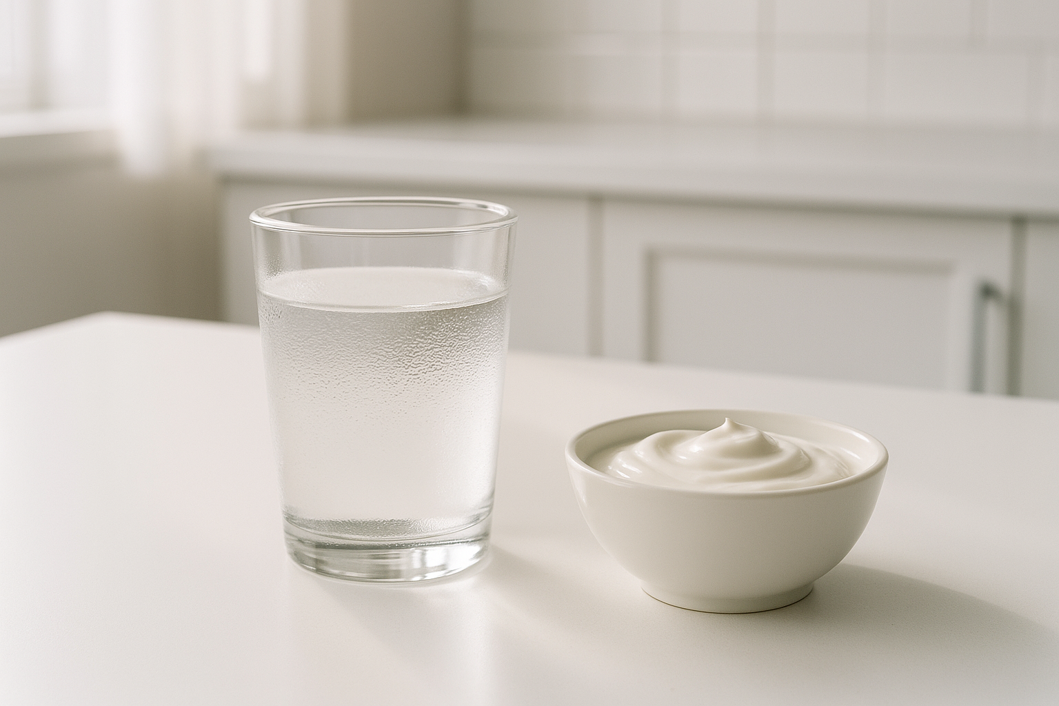 Glass of water and probiotic yogurt on kitchen counter to support digestion after overeating