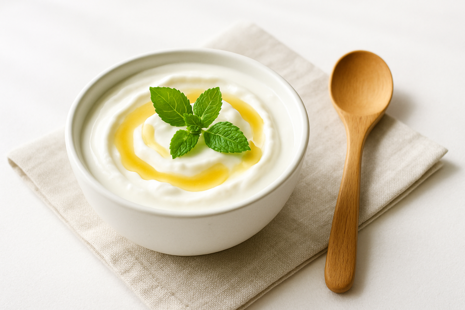 Bowl of plain probiotic yogurt with mint — one of the top foods that aid digestion via gut microbiome support