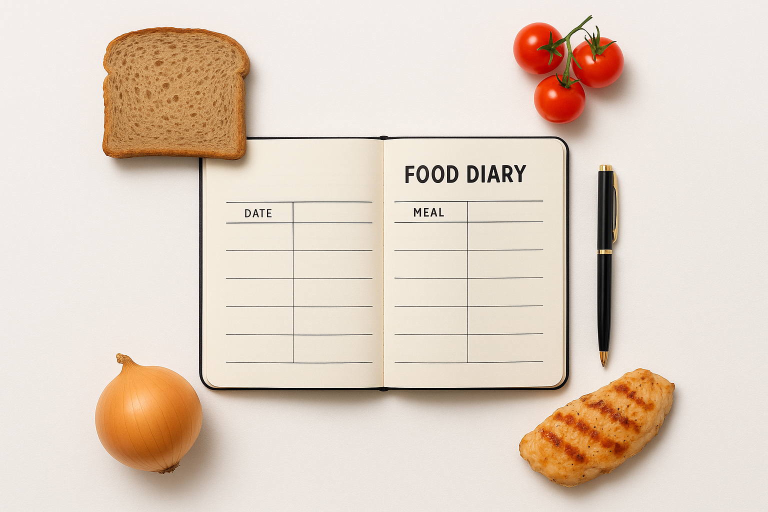An open food diary notebook surrounded by common trigger and gut-friendly foods for tracking digestive health.