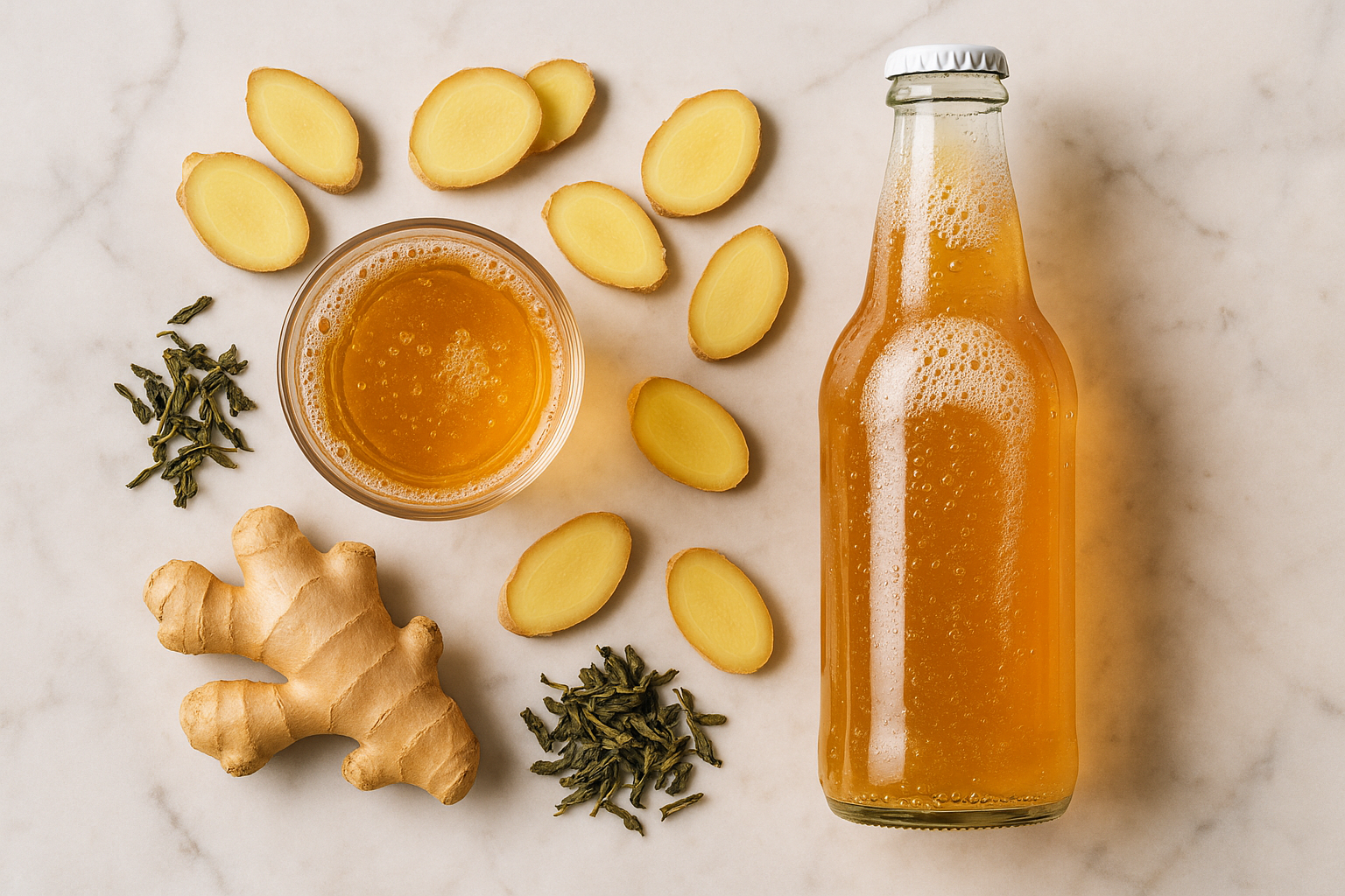 Bottle of kombucha poured into a glass, a probiotic drink for digestion and gut health