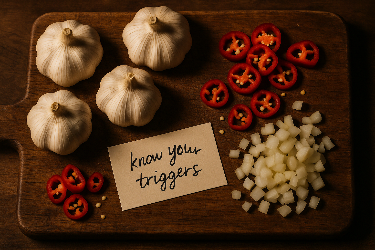 Garlic, chillies and onion on a chopping board — common spicy food triggers for heartburn and IBS