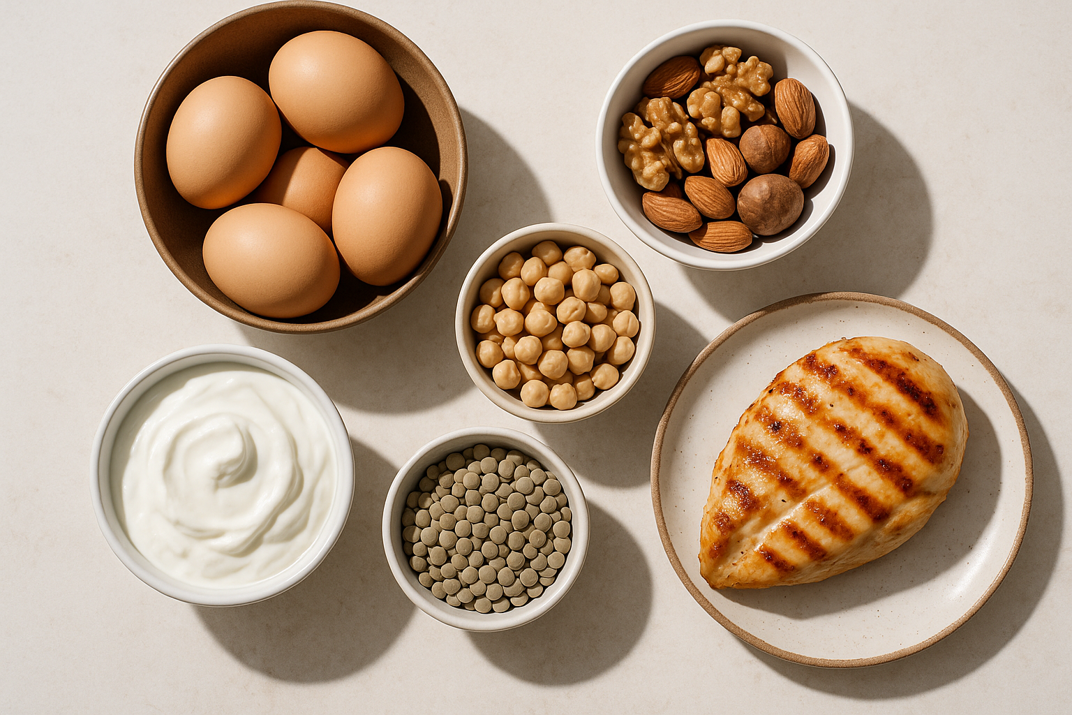 High-protein foods including eggs, chicken and nuts representing high-protein weight loss diet options